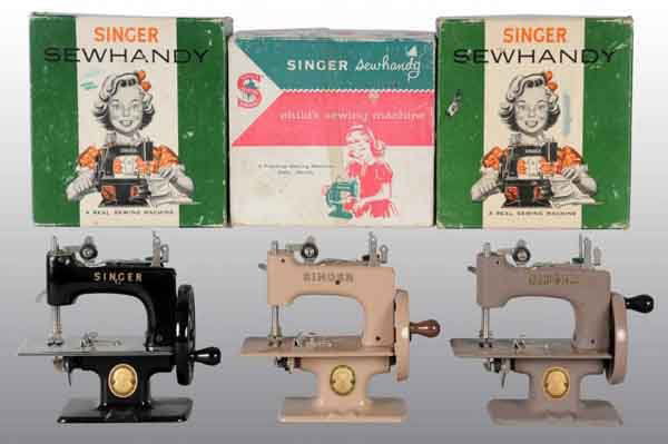 Lot of 3: Singer Child's Toy Sewing Machines.: All are the Sew Handy model and includes original boxes. All working and appear to have never been used. No damage or repairs. Each: 6" x 7". (Excellent).