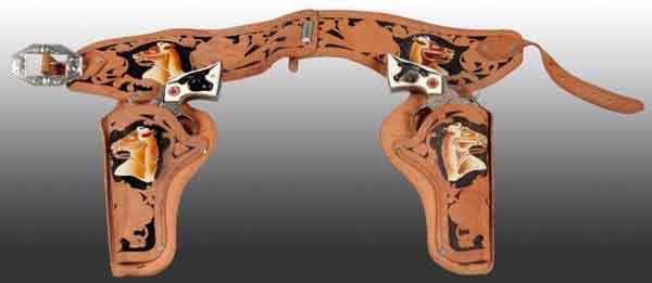 Double Holster Cap Gun Toy Set.: Includes two guns, one marked "Western" and one marked "Texas Jr.". Double holster is nice with pictures of horse heads depicted on it. Guns: 9" L. (Very Good).