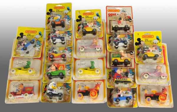 Lot of 20: Corgi & Matchbox Character Toys.: English. All marked "1979". Includes seven characters from the Muppet Show, 11 Disney characters, and two Popeye. All are on original cards with bending and staining to some. Largest: 7" T. (Very Good