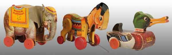 Lot of 3: Fisher Price Animal Pull Toys.: American. Includes one Snap-Quack Duck, one Musical Elephant with original ears, and one Burro with original ears. Largest: 8 - 1/2" T. (Very Good).