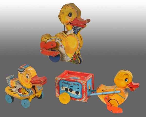 Lot of 3: Fisher Price Duck Toys.: American. Largest: 11" T. (Very Good).
