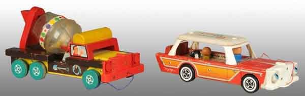 Lot of 2: Fisher Price Vehicle Toys.: American. 1950s. Includes one Nifty Station Wagon missing one figure and one Cement Mixer. Largest: 13 - 1/2" L. (Good - Very Good).
