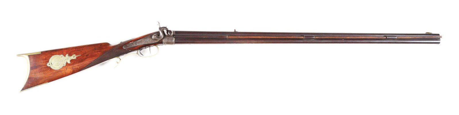 (A) J.M. WATSON OVER/UNDER PERCUSSION RIFLE.: Kentucky style over-under double rifle percussion gun made by J. M. Watson of Altoona, Pennsylvania circa 1880. Browned rifled over-under barrels with top barrel marked "J.M. Watson Altoona, Pa." with