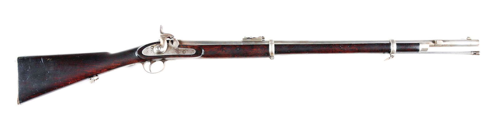 (A) ENFIELD PATTERN 61 PERCUSSION RIFLE.: British P61 Enfield short rifle made by Tower in 1868. In-the-white finished rifled round barrel with pinned blade front sight with stud for saber bayonet with rear graduated flip sight and British pr