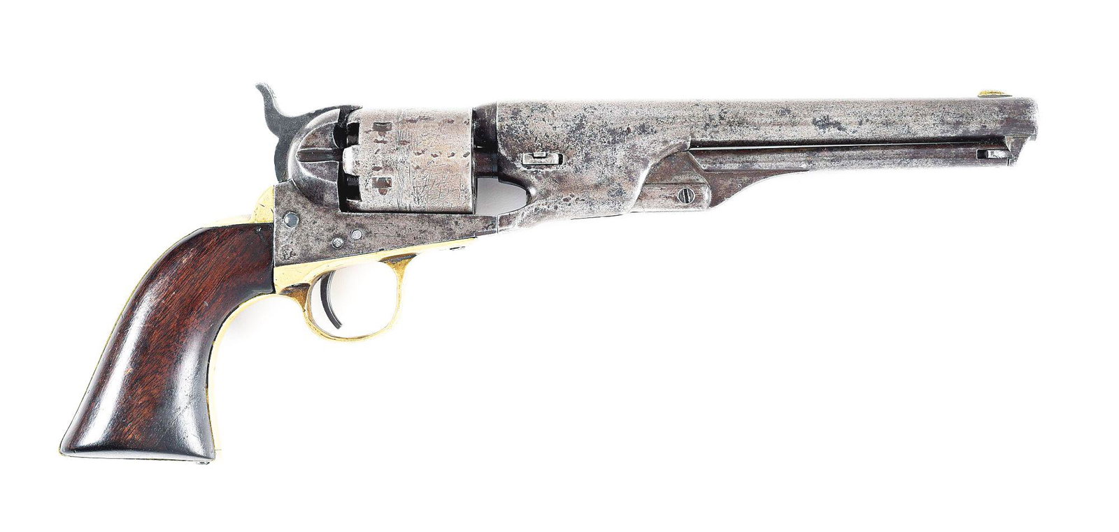 (A) COLT 1861 NAVY PERCUSSION REVOLVER.: Manufactured in 1864 during the American Civil War. Standard 7 - 1/2" round .36 caliber barrel marked with 1-line New York address, German silver front sight blade, 6-shot non-fluted percussion cylind