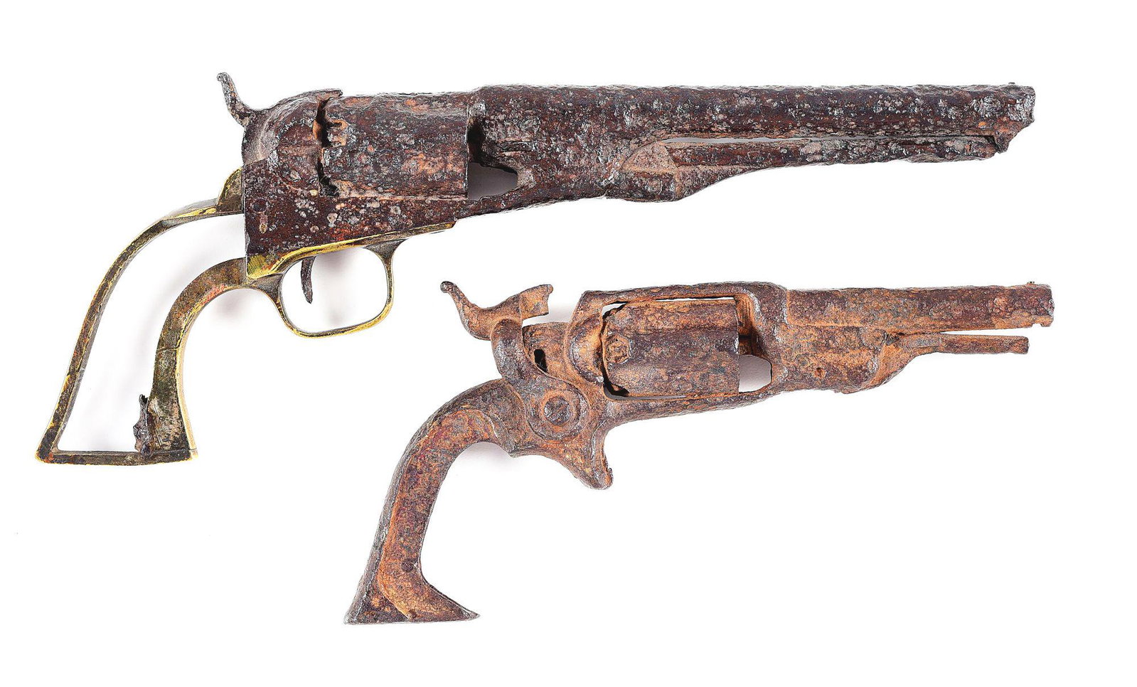 (A) LOT OF 2: RELIC COLT 1862 POLICE AND 1855 ROOT SIDE: Lot consists of (A) An excavated Colt 1862 Police Model percussion revolver serial number "21414" with "L" under number indicating sale to England and possibly the Confederacy. Gun manufactured in 186