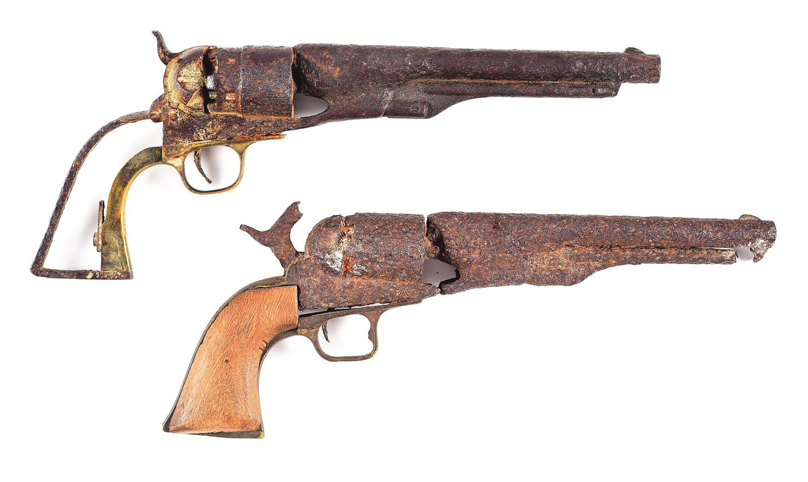 (A) LOT OF 2: RELIC COLT 1860 ARMY AND 1861 NAVY: Lot consists of (A) Excavated Colt Model 1860 Army cut for shoulder stock serial number "88601" and marked with "D" inspector's marks made 1863 and recovered at unknown date and location. 7 - 1/2" rou