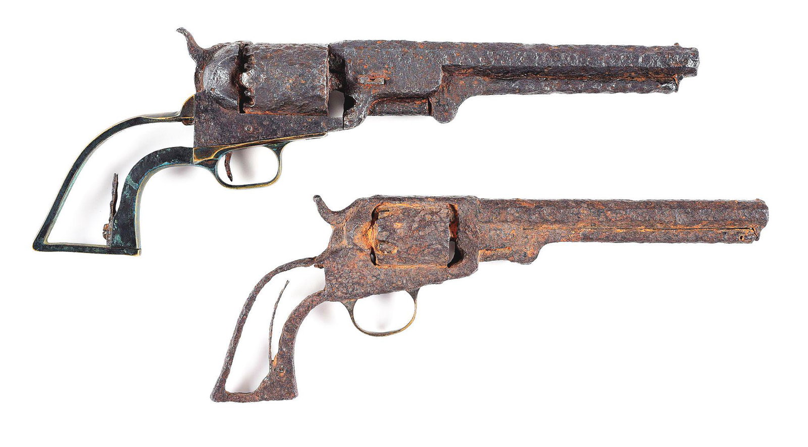 (A) LOT OF 2: LOADED RELIC BREVETTE NAVY AND MANHATTAN: Lot consists of (A) An excavated copy of a Colt 1851 Navy revolver and is probably a brevette. Gun has octagon barrel with cylinder still having 4 loads in it. Brass trigger guard serial numbered "804