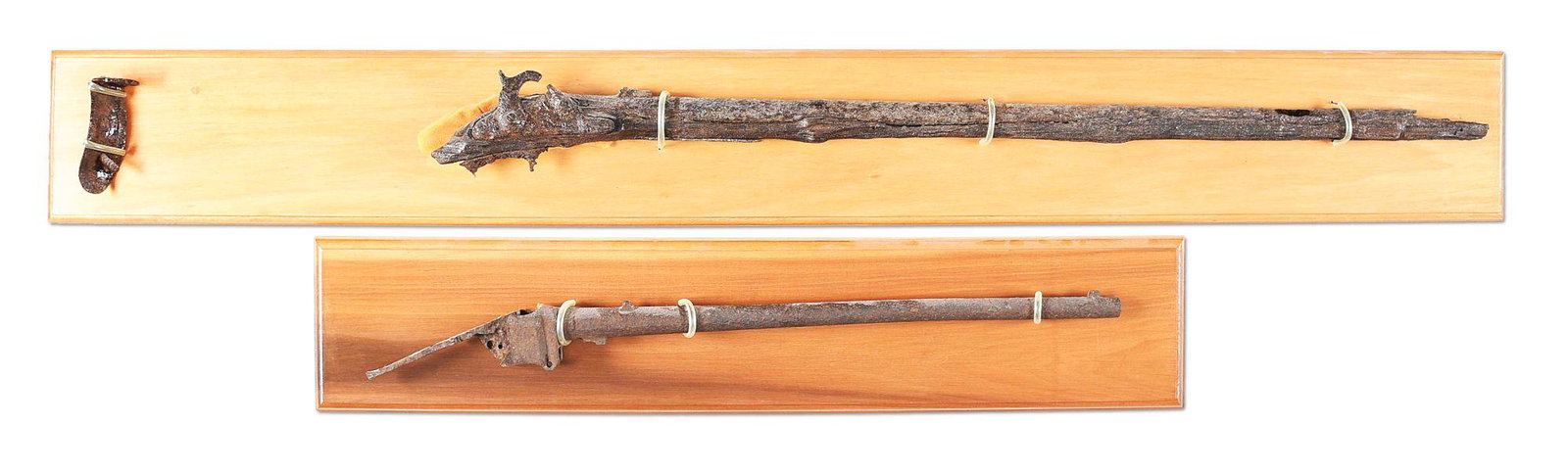 LOT OF 2: CIVIL WAR RELIC 1861 RIFLED MUSKET AND SHARPS: Lot consists of (A) Excavated Springfield Model 1861 rifled musket found at unknown time and location. Gun has barrel, lock, forestock and buttplate nicely mounted on finished pine board. CONDITION: A