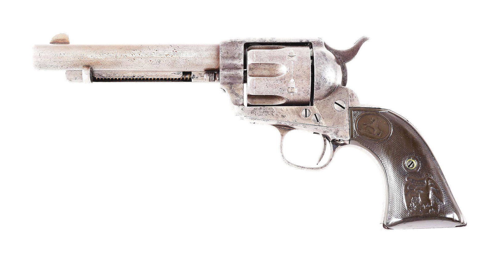 (A) COLT ETCHED PANEL FRONTIER SIX SHOOTER SINGLE: 1884 vintage Colt Etched Panel Frontier Six Shooter single action revolver, serial number 100757. 5 - 1/2" round barrel chambered in .44-40 WCF with single line Colt Hartford, CT barrel address, blade