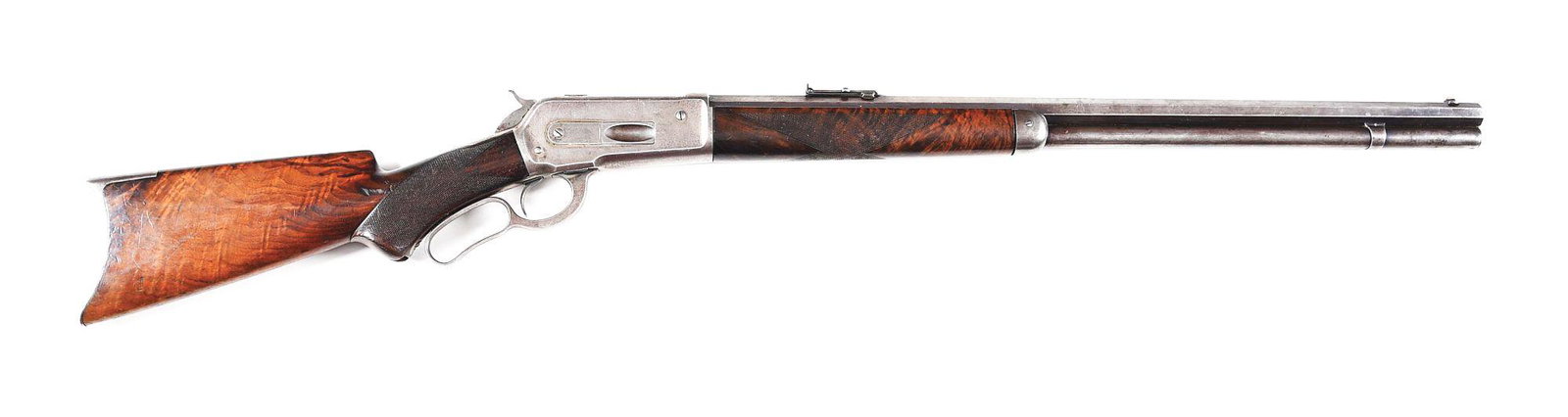 (A) WINCHESTER 1886 DELUXE LEVER ACTION RIFLE.: Winchester Model 1886 "Deluxe" lever action rifle made by Winchester Repeating Arms Company in 1887. Blued Winchester full octagon barrel with pedestal bead front sight and flip graduated rear sight. 