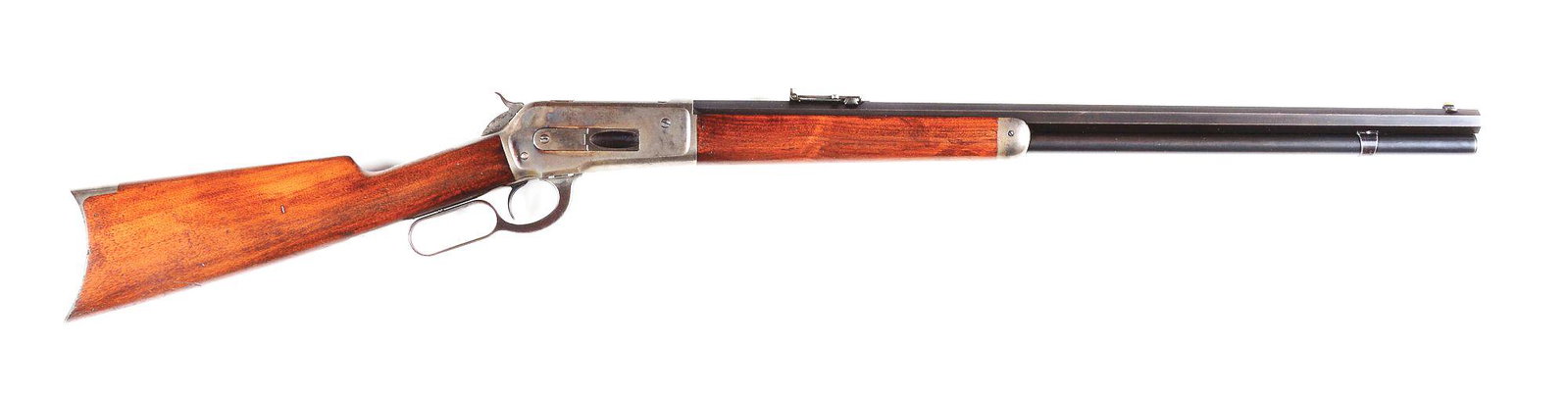 (A) WINCHESTER MODEL 1886 LEVER ACTION RIFLE.: Winchester Model 1886 lever action rifle made by Winchester Repeating Arms Company in 1896. Blued full octagon Winchester barrel with sheared blade front sight and rear graduated flip sight. Caseharde