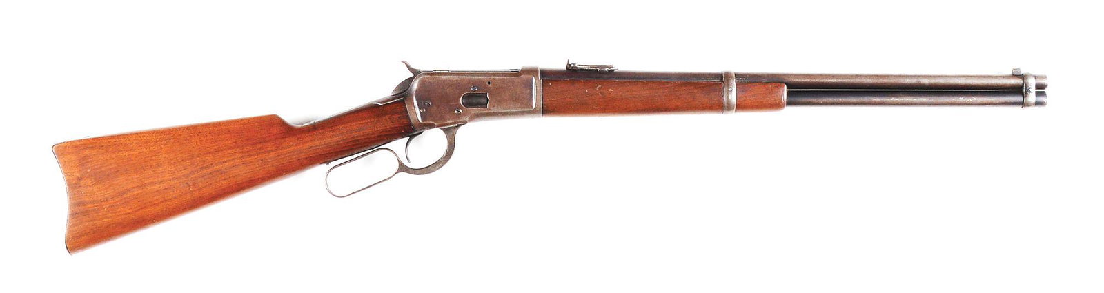 (C) WINCHESTER 1892 .44-40 SADDLE RING CARBINE.: Winchester Model 1892 Saddle Ring Carbine made by Winchester Repeating Arms Company in 1903. Blued round rifled Winchester steel 20" carbine barrel with integral pinned blade front sight and carbine s