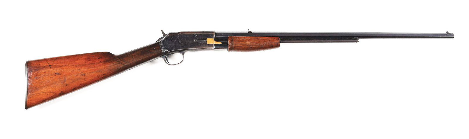 (C) COLT LIGHTNING SMALL FRAME RIFLE IN .22 LONG.: Manufactured in 1902. Octagonal barrel with dovetailed front and rear sight. Tube fed pump action. Plain walnut front and rear stocks with a hard rubber butt plate with a Rampant Colt logo. Nice Rampa