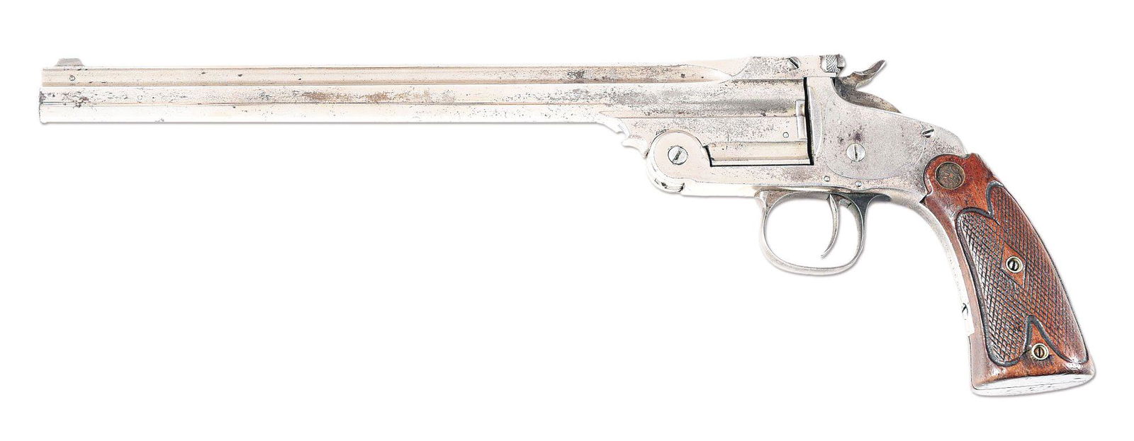 (C) SMITH & WESSON FIRST MODEL 1891 SINGLE SHOT TARGET: Manufactured from 1893 to 1905. This example is chambered in .22 LR and features a nickel finished 10" barrel with rib marked with 2-line address and "MODEL OF 91", modified blade front sight, V-notch