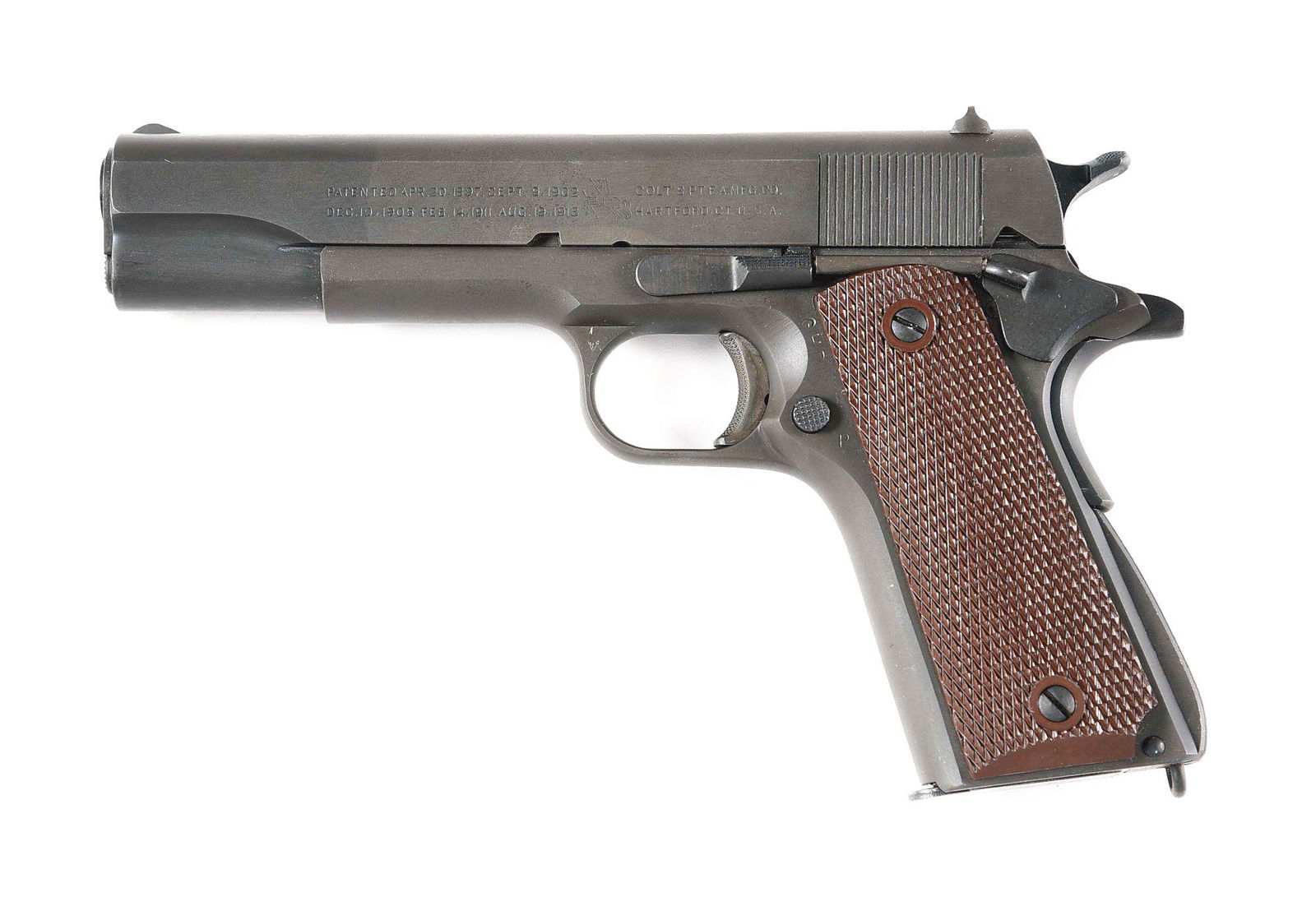(C) COLT M1911A1 SEMI AUTOMATIC PISTOL WITH FACTORY: Manufactured 1944 as per factory letter. Serrated slope front sight, square notch rear sight. "P" proof in front of rear sight, nicely visible hardness line at front of slide. Barrel with "COLT 45 AUT