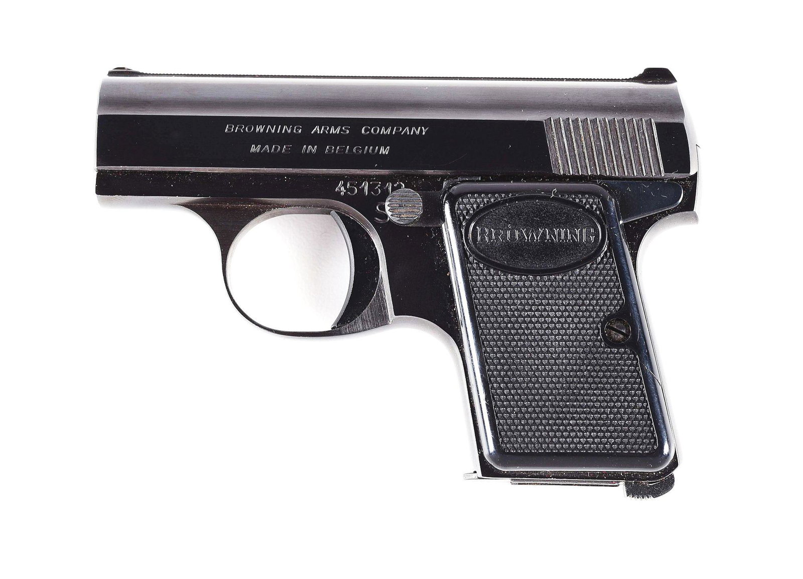 (C) BROWNING BABY SEMI-AUTOMATIC PISTOL ORIGINAL POUCH: Baby Browning semi-automatic pistol manufactured by Fabrique Nationale in 1968. Left side of slide is marked "BROWNING ARMS COMPANY/ MADE IN BELGIUM". Chamber is stamped with a Belgian proof over "CAL