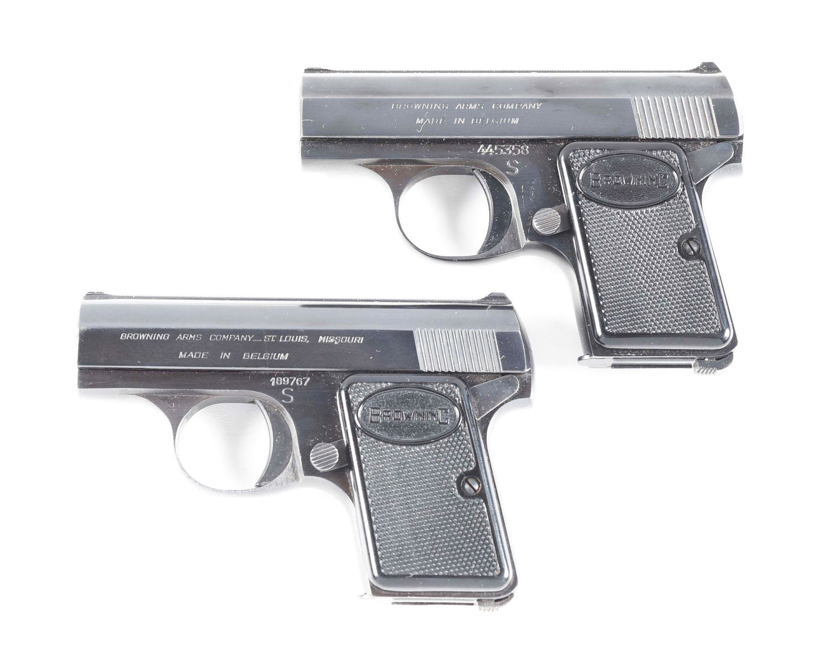 (C) LOT OF 2: BROWNING BABY SEMI AUTO PISTOLS.: Lot consist of: (A) Marked on the left side, BROWNING ARMS COMPANY. / MADE IN BELGIUM. Semiautomatic pistol. Two piece BROWNING marked hard rubber grips. CONDITION: Gun retains 97% of the original fac