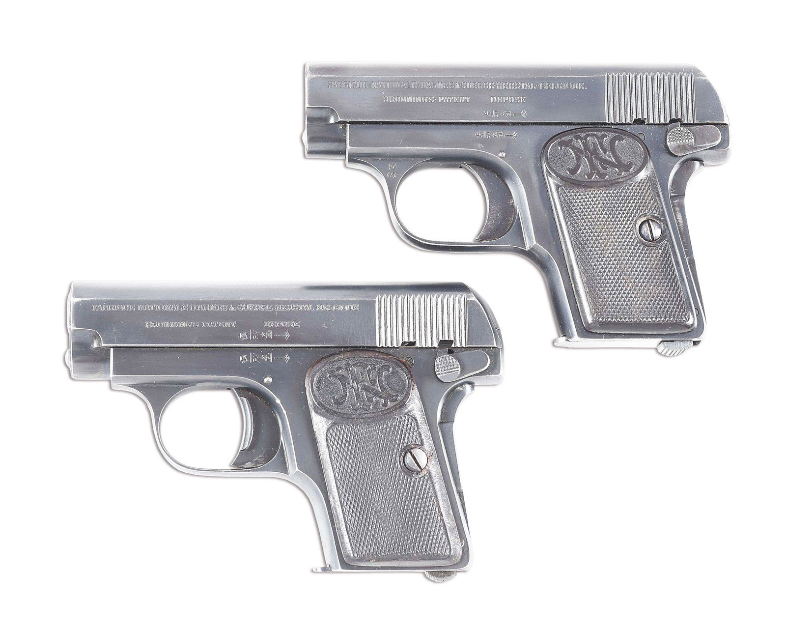 (C) LOT OF 2: FABRIQUE NATIONAL VEST POCKET: Lot consist of: (A) Marked on the left side "FABRIQUE-NATIONALE-D'ARMES deGUERRE-HERSTAL-BELOIQUE. / BROWNING'S PATENT DEPOSE.". 2 piece FN marked hard rubber grips. CONDITION: Gun retains 97% of the 