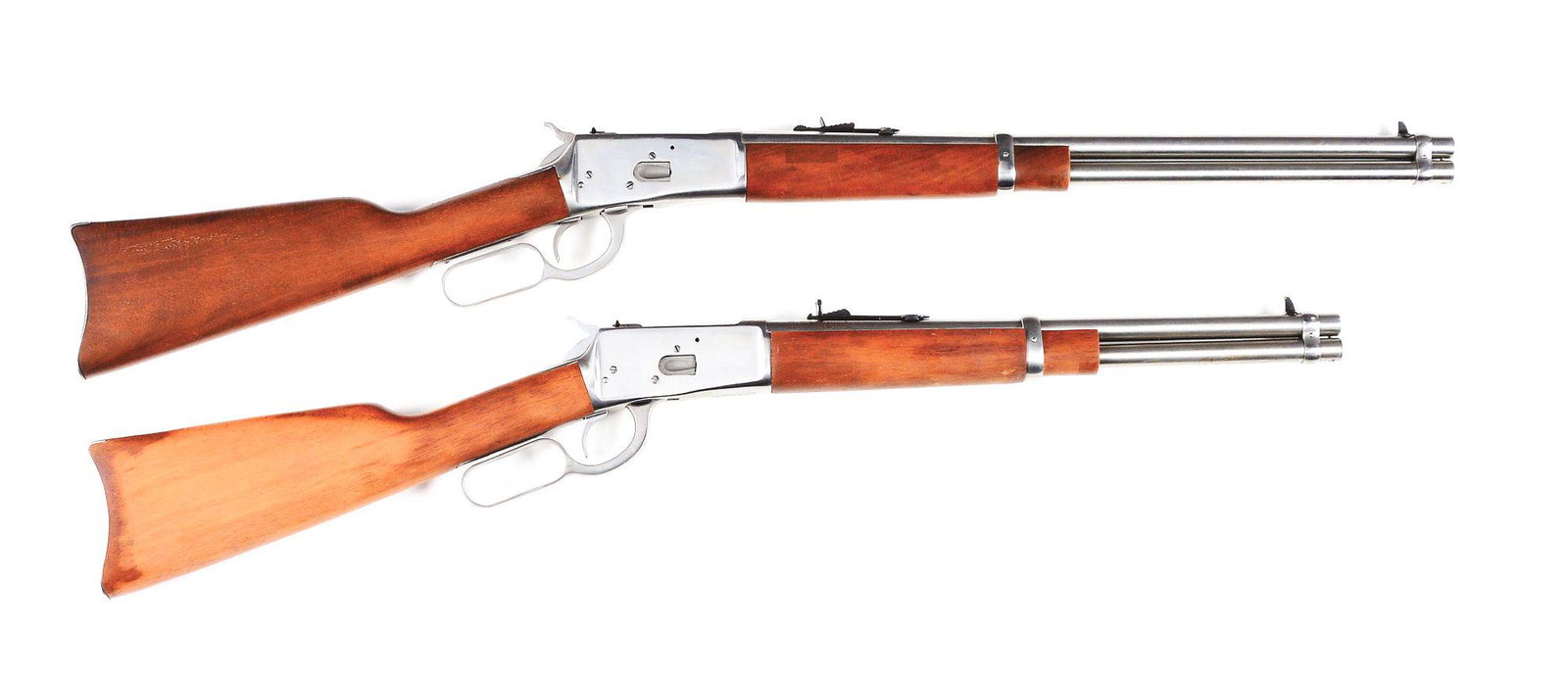 (M) LOT OF 2: ROSSI MODEL 92 LEVER ACTION RIFLES IN: Lot consists of (A) Rossi Model 92 "EL JEFE" lever action magazine rifle made in Brazil circa 2009. Round stainless rifled barrel with blade front sight and notched rear adjustable sight. Stainless so