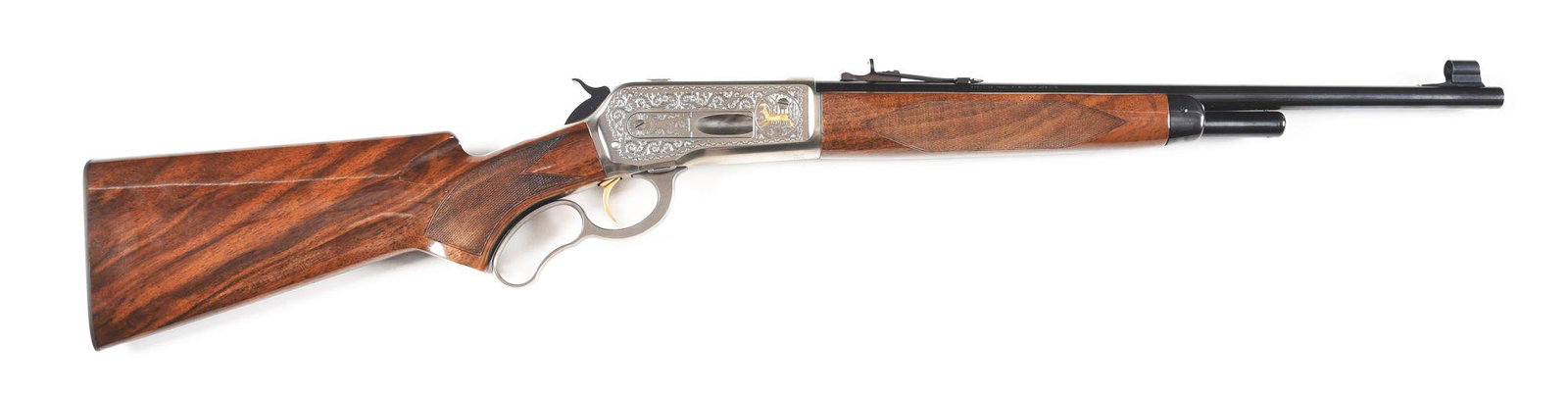 (M) BROWNING MODEL 71 HIGH GRADE LEVER ACTION RIFLE.: Browning Model 71 High Grade lever action rifle made in Japan by Miroku with factory box. 20" round barrel chambered in .348 Winchester with rifle rear sight, ramped hooded blade front, and 1/2 length