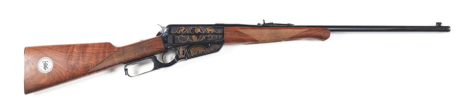 (M) WINCHESTER MODEL 1895 LEVER ACTION RIFLE THEODORE: Winchester Model 1895 Theodore Roosevelt Safari Centennial lever action rifle with Winchester brown felt lined hard case, factory box, and "AFRICAN GAME TRAILS" by Theodore Roosevelt. 24" round barrel