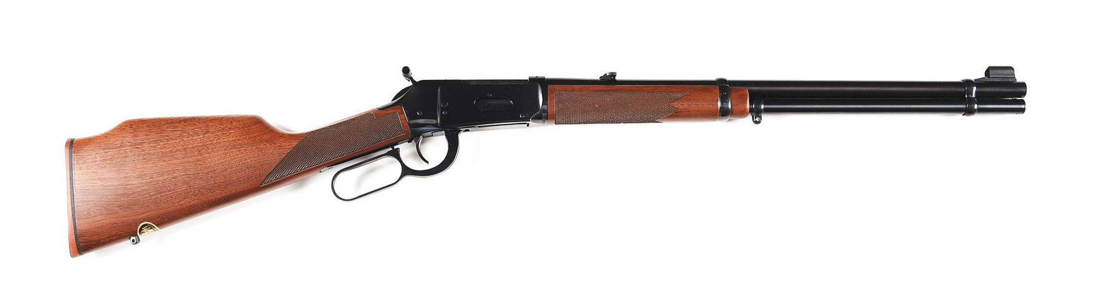 (M) WINCHESTER MODEL 1894 ANGLE EJECT BIG BORE LEVER: Winchester Model 94 "XTR Big Bore Angle Eject" lever action magazine rifle made by U.S. Repeating Arms Company circa the 1980s. Blued round barrel with hooded front sight and rear flip down sight. Blu