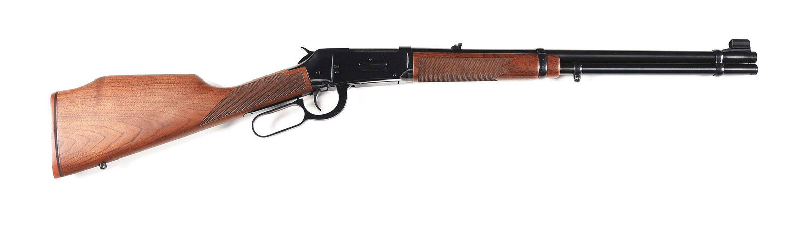 (M) WINCHESTER 94 ANGLE EJECT LEVER ACTION RIFLE.: Winchester Model 94 "Big Bore Angle Eject" lever action rifle built by U.S. Repeating Arms from 1983 to 1998. Blued round Winchester Proof Steel barrel with hooded ramp front sight and flip rear sight
