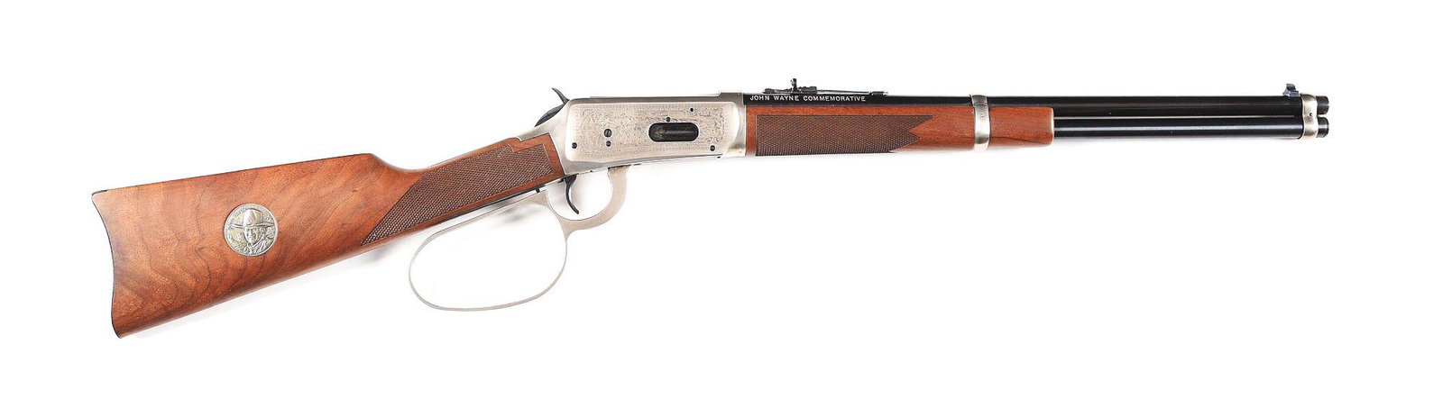 (M) WINCHESTER MODEL 1894 JOHN WAYNE COMMEMORATIVE IN: Winchester Model 1894 "John Wayne Commemorative" lever action magazine rifle made by Winchester Repeating Arms Company in 1981 with 49,000 made. Blued round carbine style barrel with blade front sight
