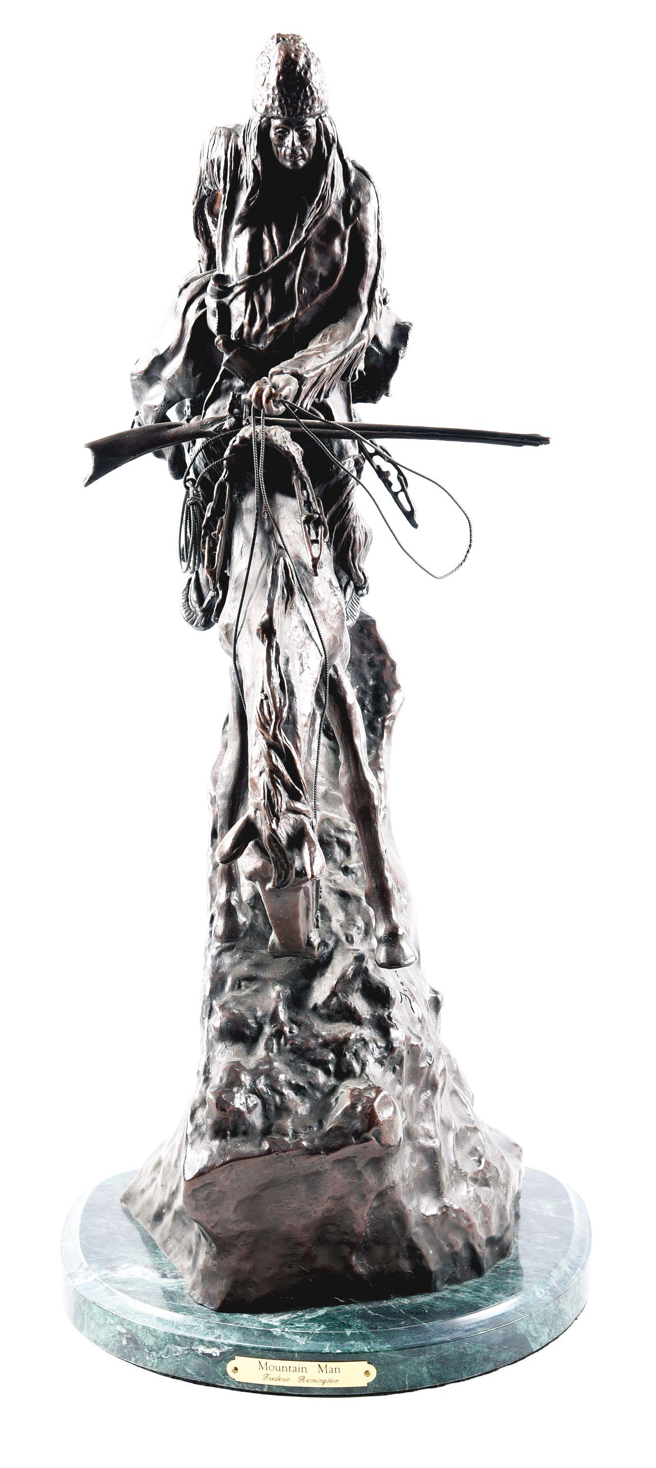 BRONZE AFTER FREDERIC REMINGTON'S "MOUNTAIN MAN".: 27" tall bronze depicting a mountain man on horseback riding down a steep slope with rifle, traps, and other necessary accoutrements. Marked "Copyright by/Frederick Remington". On marble base with bra