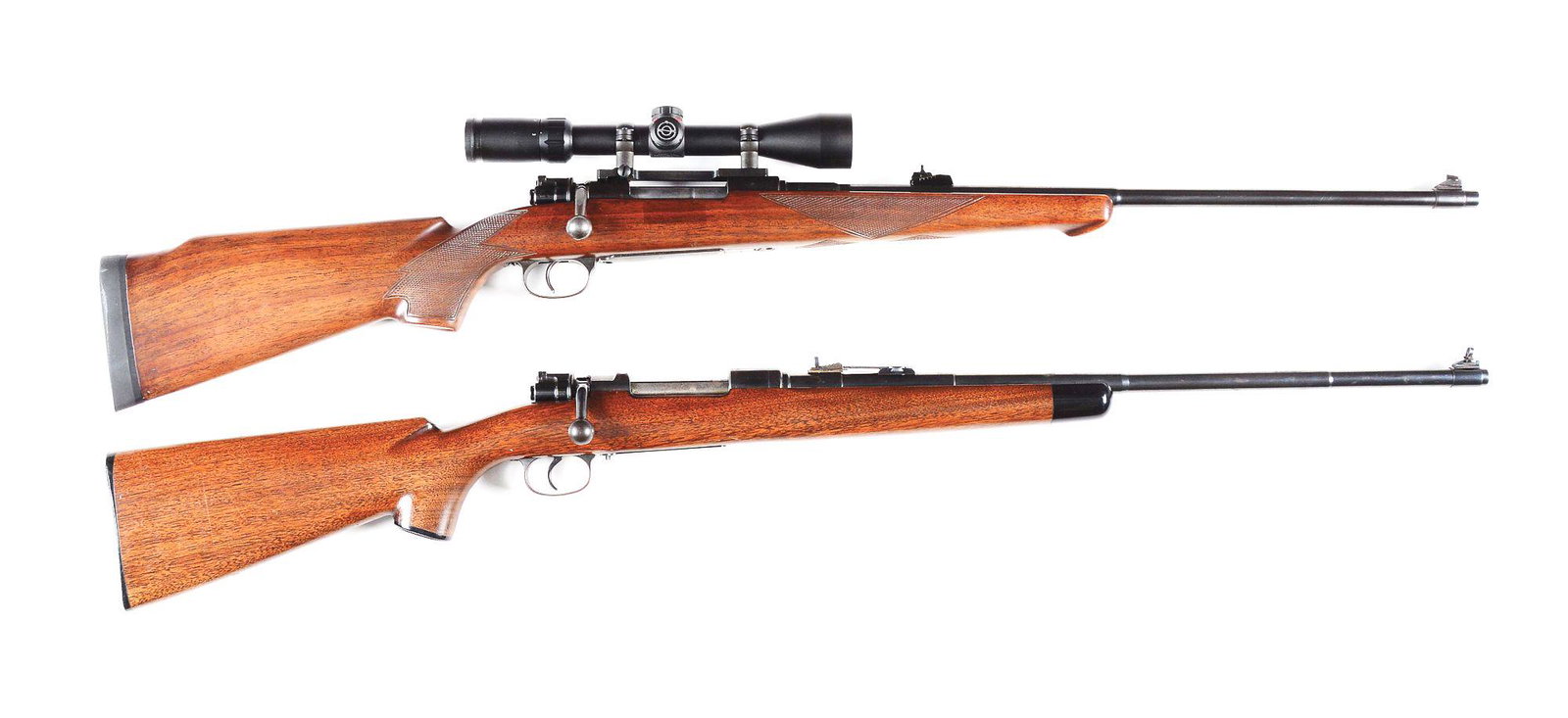 (C) LOT OF 2: SPORTERIZED K98 MAUSER BOLT ACTION RIFLES: Lot consists of: (A) World War II German 98K military rifle made into a sporter by an unknown gunsmith. Blued military barrel with band front sight and added Williams rear sight. Waffenampf markings o