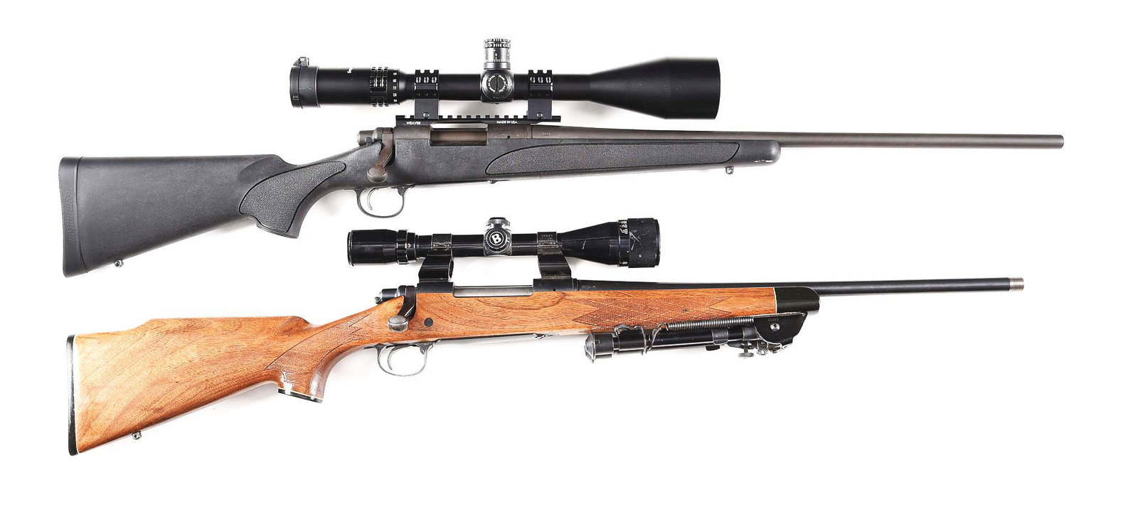(M) LOT OF 2: REMINGTON 700 BOLT ACTION RIFLES WITH: Lot consists of (A) Remington Model 700 Synthetic bolt action rifle made by Remington Arms Company in 2004. Matted finish tapered sightless rifled barrel. Matted finish action with detachable matted f