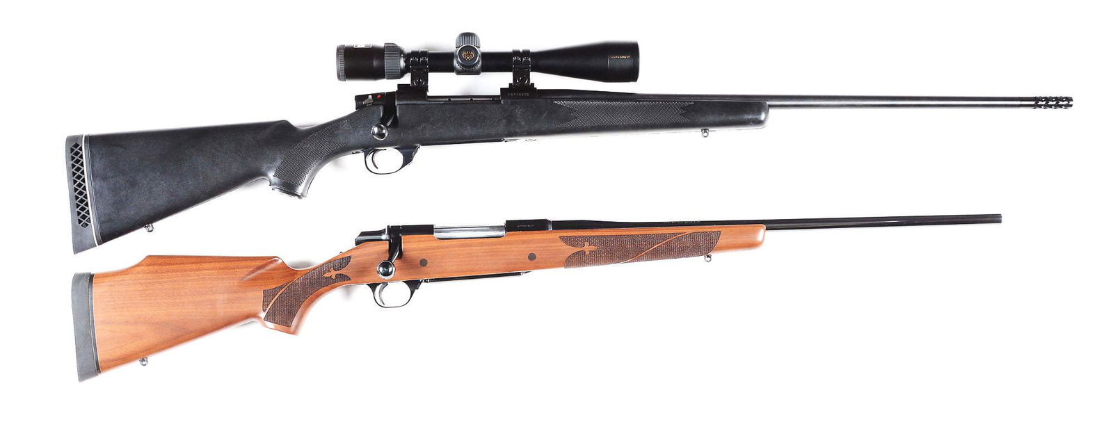 (M) LOT OF 2: WEATHERBY VANGUARD AND BROWNING X BOLT: Lot consists of (A) Weatherby "Vanguard" bolt action rifle made in Japan. Blued tapered round barrel with muzzle brake and no sights. Blued action and bolt with 4-12 power Nikon "Pro Staff" scope. Syn