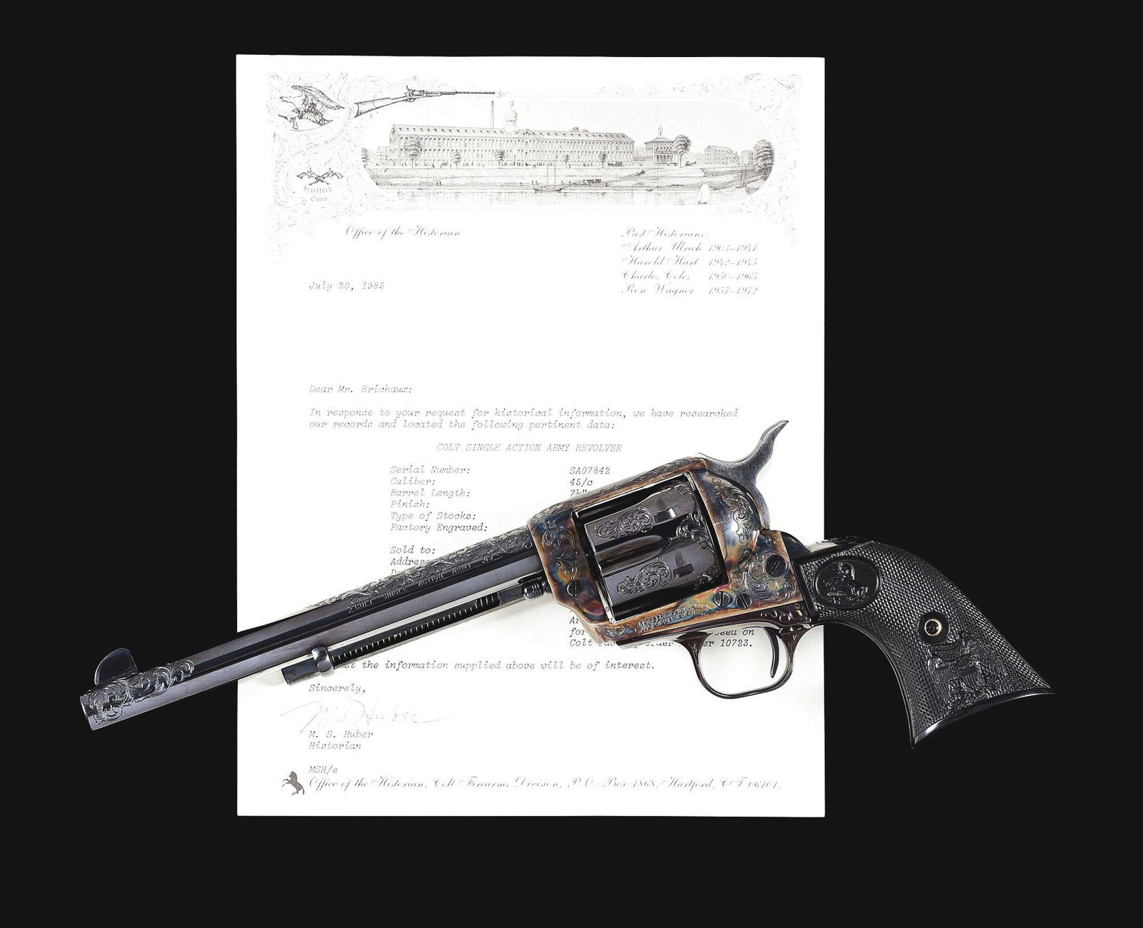 (M) COLT SINGLE ACTION ARMY ENGRAVED BY HOWARD DOVE: Third generation Colt Single Action Army revolver, serial number SA07842. Blue with case hardened frame. 7 - 1/2" barrel, chambered in .45 LC. 2 piece hard rubber grips. Factory engraved by Colt Maste