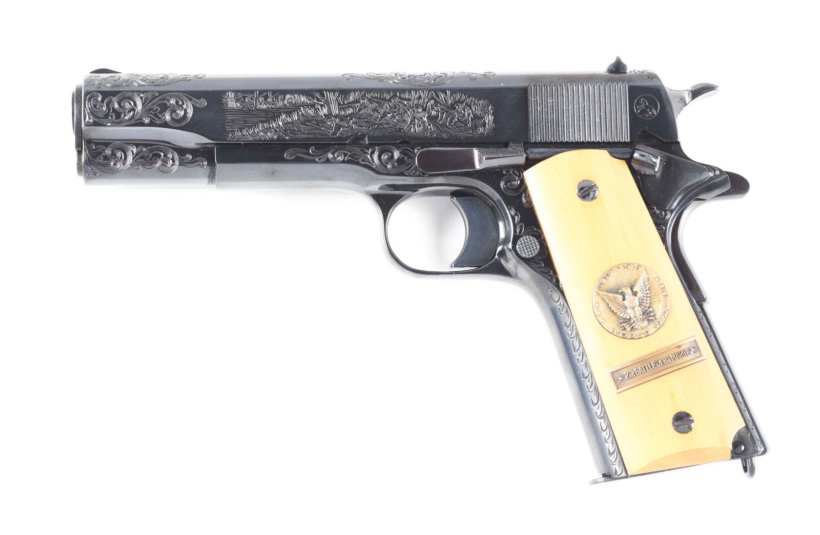 (M) COLT 1911 WORLD WAR I COMEMMORATIVE DELUXE 2ND: Referred to as the $500 grade pistol, with engraving cut by A.A. White staff, with rollmarks lightly pressed and then accentuated and additional areas of scroll. Serial number gold inlaid and in the k