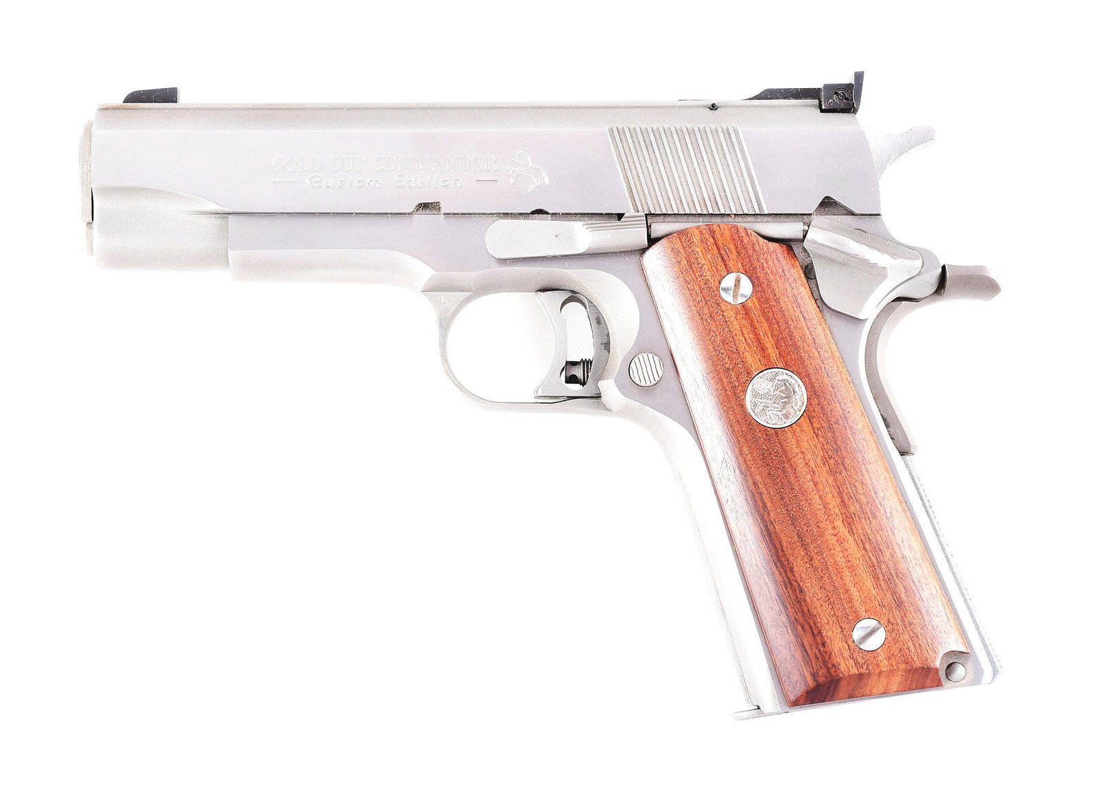 (M) COLT GOLD CUP NATIONAL MATCH COMMANDER CUSTOM: Black on black sights with square notch Elliason adjustable rear sight, with serrated sighting rib. Slide has appropriate rollmarks for the Commander edition, which was out of the custom shop. Narrow 