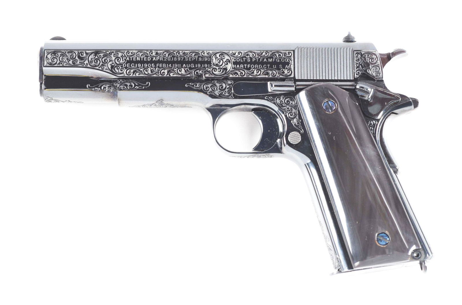 (M) COLT GOVERNMENT MODEL SEMI-AUTOMATIC PISTOL: John Pease is a noted modern engraver who has done work for Smith and Wesson, Colt, Turnbull Restorations, and others. This gun was acquired from Colt as an employee sale directly to John, who engrave