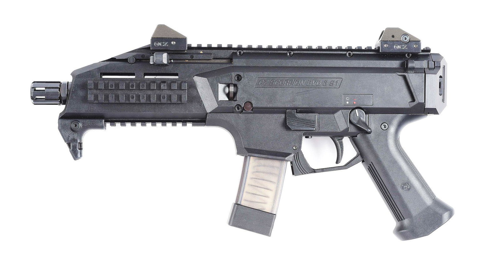 (M) CZ SCORPION EVO 3 S1 SEMI AUTOMATIC PISTOL.: Czech CZ Scorpion EVO 3 S1 semi automatic pistol chambered in 9mm Para. Standard 7 - 3/4" round barrel with flash hider, CZ marked iron sights mounted to 11" top rail, forward hand stop, and aftermark