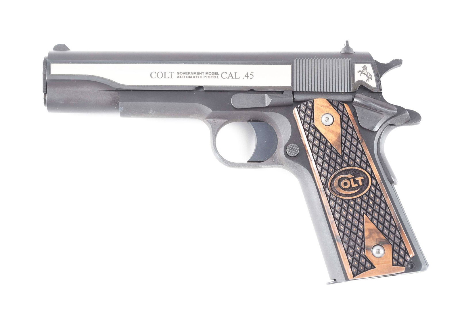 (M) TALO CUSTOM COLT GOVERNMENT SEMI-AUTOMATIC PISTOL: Talo custom with bright polished flats on slide. Simple GI style sights. Left side of slide with "COLT // GOVERNMENT MODEL / AUTOMATIC PISTOL // CAL .45" with rampant Colt at rear. Serrated small part