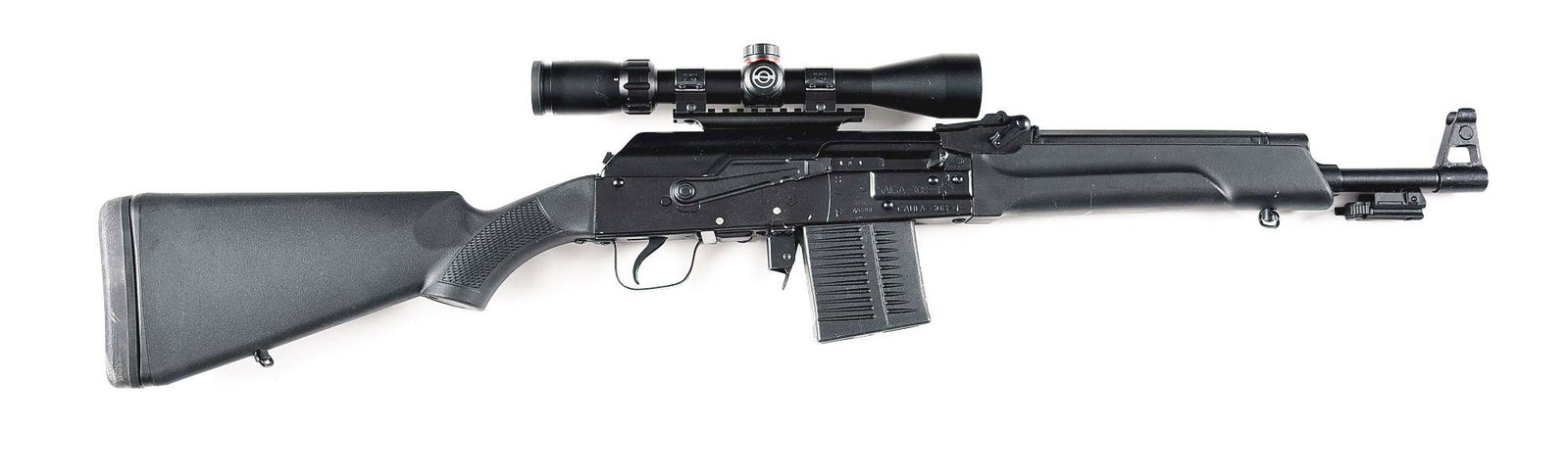 (M) RUSSIAN IZHMASH SAIGA .308 SEMI AUTOMATIC RIFLE: Russian Izhmash Saiga semi automatic rifle with scope. Made 2009 in Russia and imported by "RUSSIAN AMERICAN ARMORY COMPANY/SCOTTSBURG,IN" as marked on the left side of the receiver. matching serials 