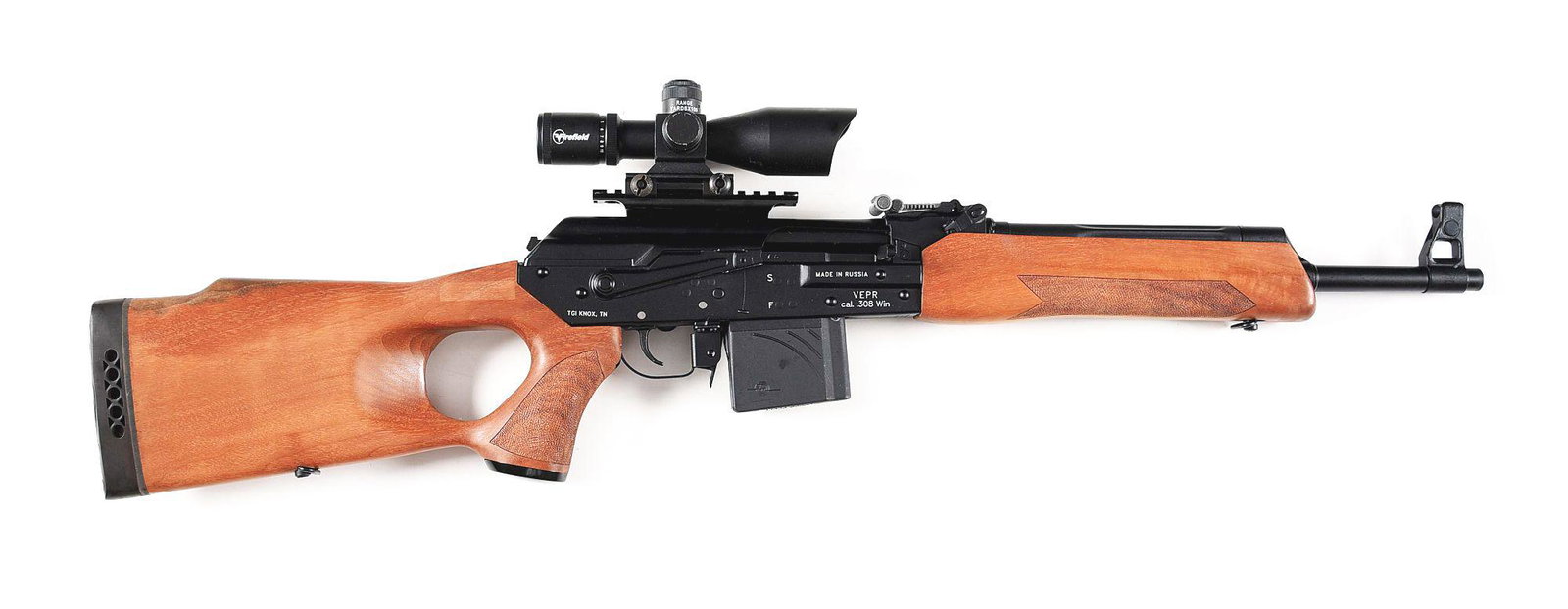 (M) RUSSIAN MOLOT VEPR .308 SEMI AUTOMATIC RIFLE.: Russian Molot Vepr semi automatic rifle with scope. Made 2011 in Russia and imported by TGI. Unconverted model, with a round steel barrel. Post front sight and rear u-notch tangent adjustable to 1000 
