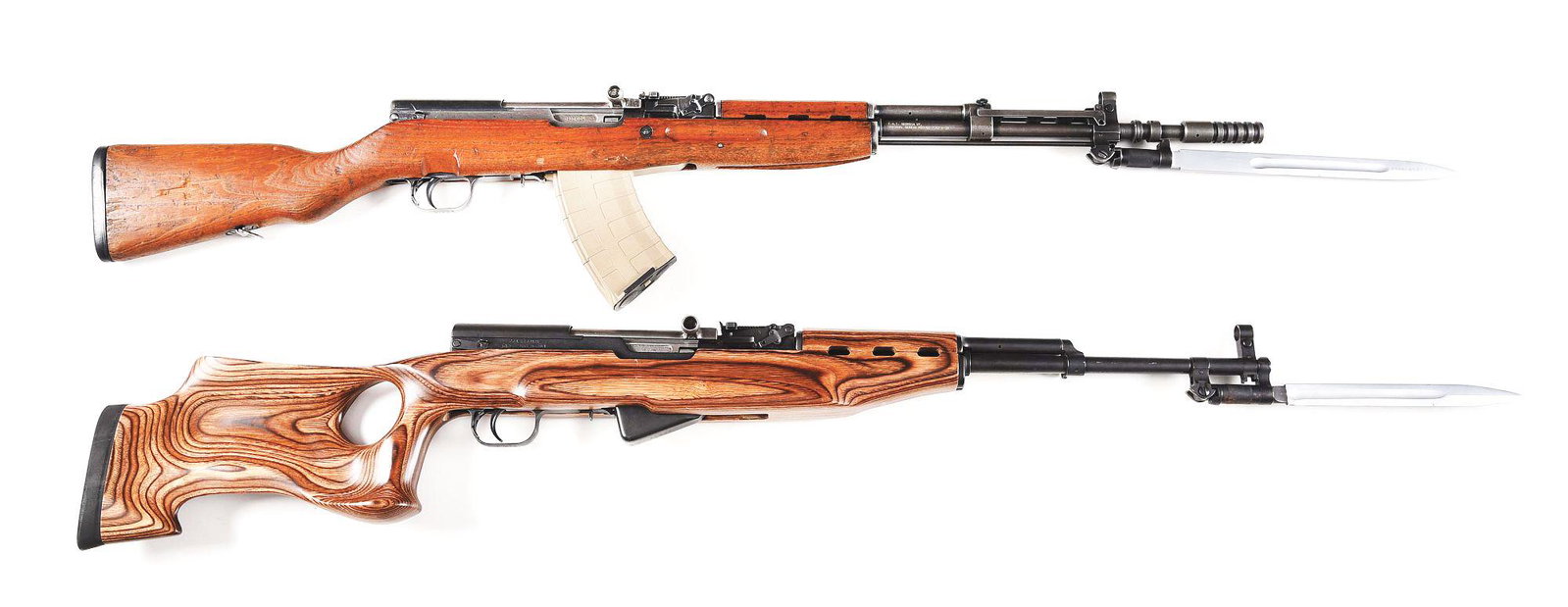 (M) LOT OF 2: MODIFIED YUGOSLAVIAN M59/66 AND CHINESE: Lot consists of (A) SKS Model 59/66 semi-automatic rifle made in Yugoslavia and imported by C.A.I. Round military finished rifled barrel with compensator, fold out knife bayonet, and grenade launcher 