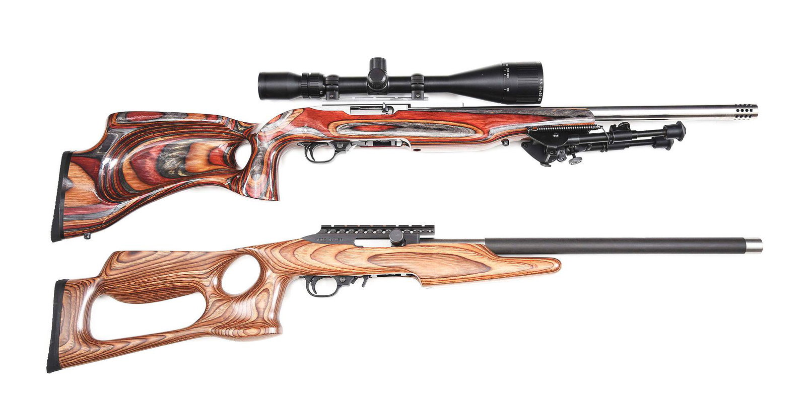 (M) LOT OF 2: RUGER 10/22 .22 LR AND MAGNUM RESEARCH: Lot consists of (A) Ruger 10/22 fitted with a Volquartsen barrel with 360 degree porting, Harris bipod, laminate wood thumbhole stock, and Barska 6.5-20x50 AO scope with target dot reticle. CONDITION:
