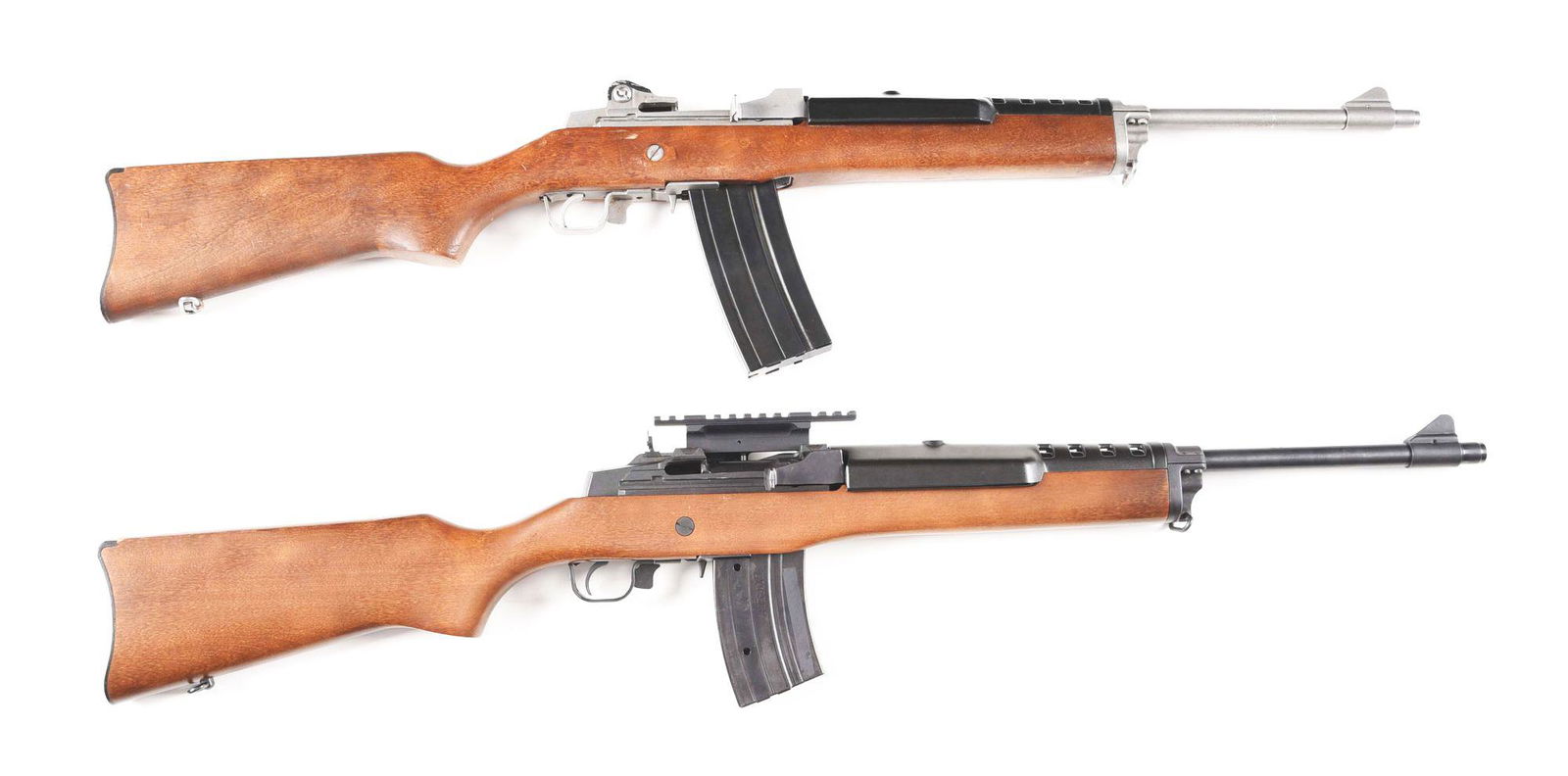 (M) LOT OF 2: RUGER MINI-14 AND MINI-30 SEMI AUTOMATIC: Lot consists of: (A) Ruger Mini-14 Ranch Rifle made by Sturm Ruger from 1975-2004. Stainless round banded blade front sight with adjustable rear peep sight. Stainless action with blued 30 round Ruger