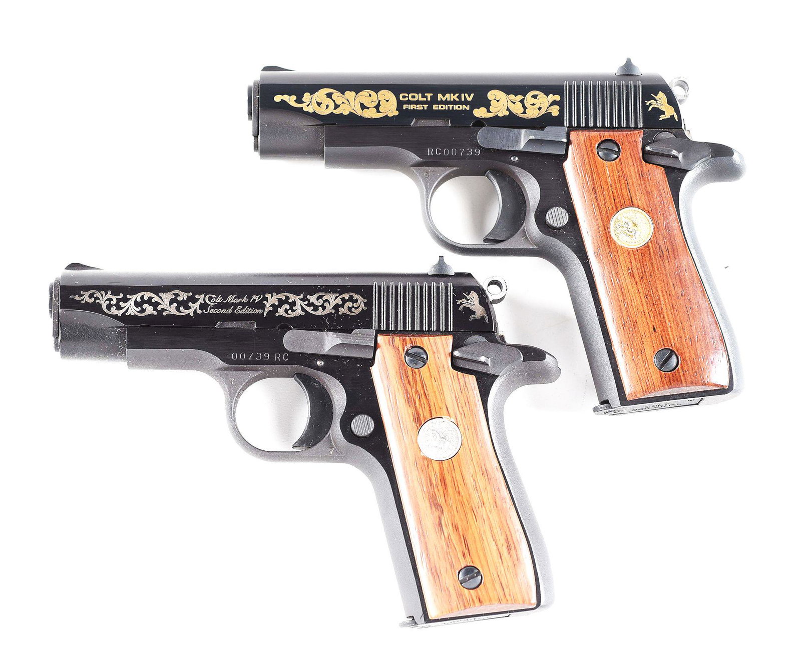(M) LOT OF 2: COLT GOVERNMENT 380 FIRST EDITION AND: Lot consists of: (A) Colt Government Model 380 First Edition semi automatic pistol with box. Made 1983. "COLT MKIV/FIRST EDITION" marked on the left side of the slide between laser scroll engraving. L