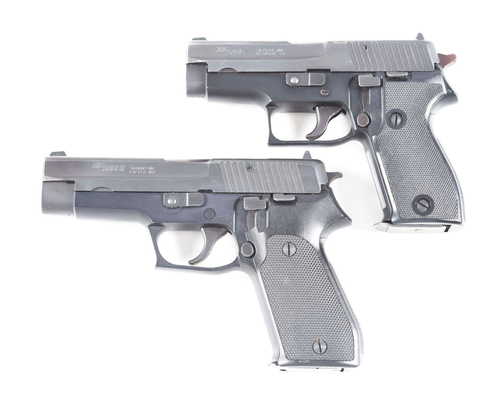(M) LOT OF 2: SIG SAUER P225 AND P220 SEMI AUTOMATIC: Lot consists of (A) West German Sig Sauer P225 semi automatic SA/DA single stack pistol manufactured in 1990 and chambered in 9mm Parabellum. 3 - 3/4" round barrel with white dot front and square notc