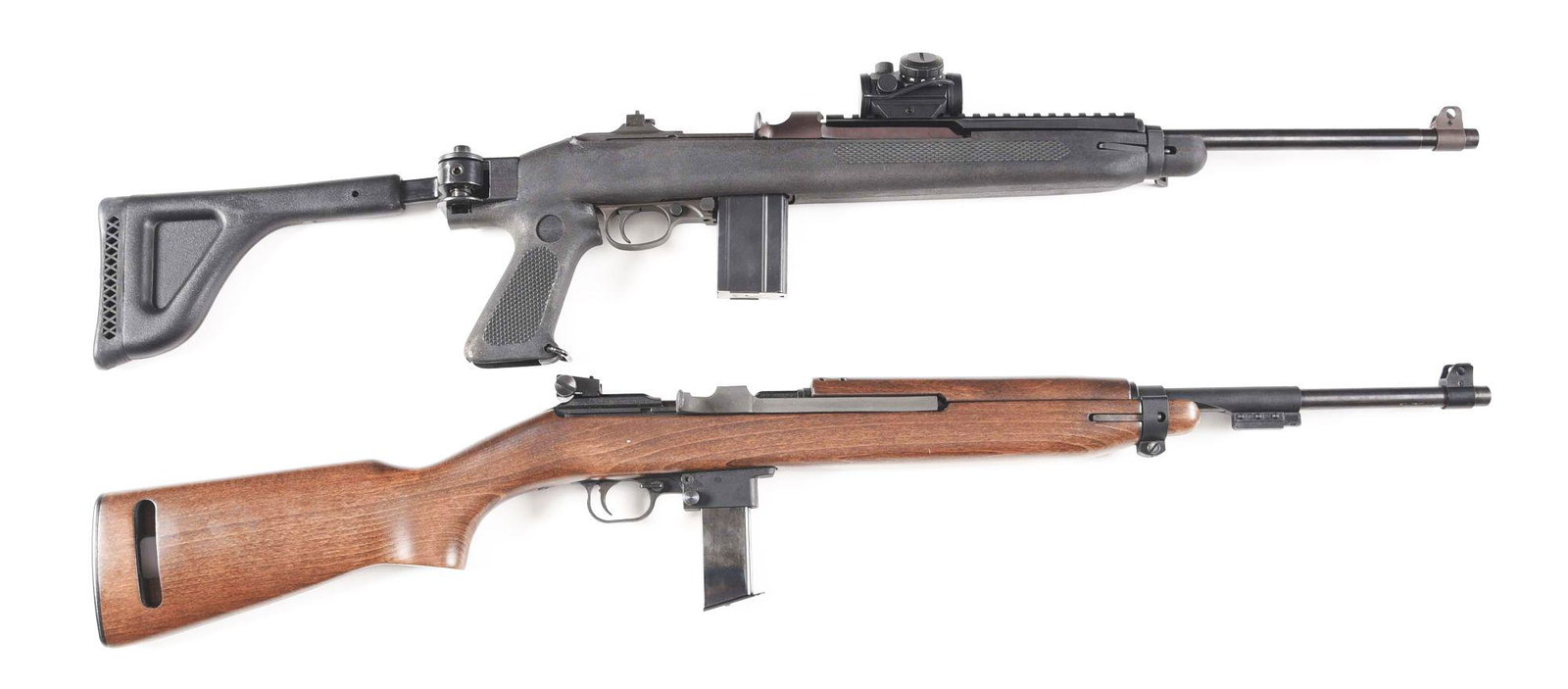 (M) LOT OF 2: AUTO ORDNANCE M1 CARBINE AND CHIAPPA M1-9: Lot consists of (A) M-1 style carbine made by Auto-Ordnance in Worcester, Massachusetts. Blued round military style barrel with protected sight and rear flip sight with Picatinny rail with Bushnell sc