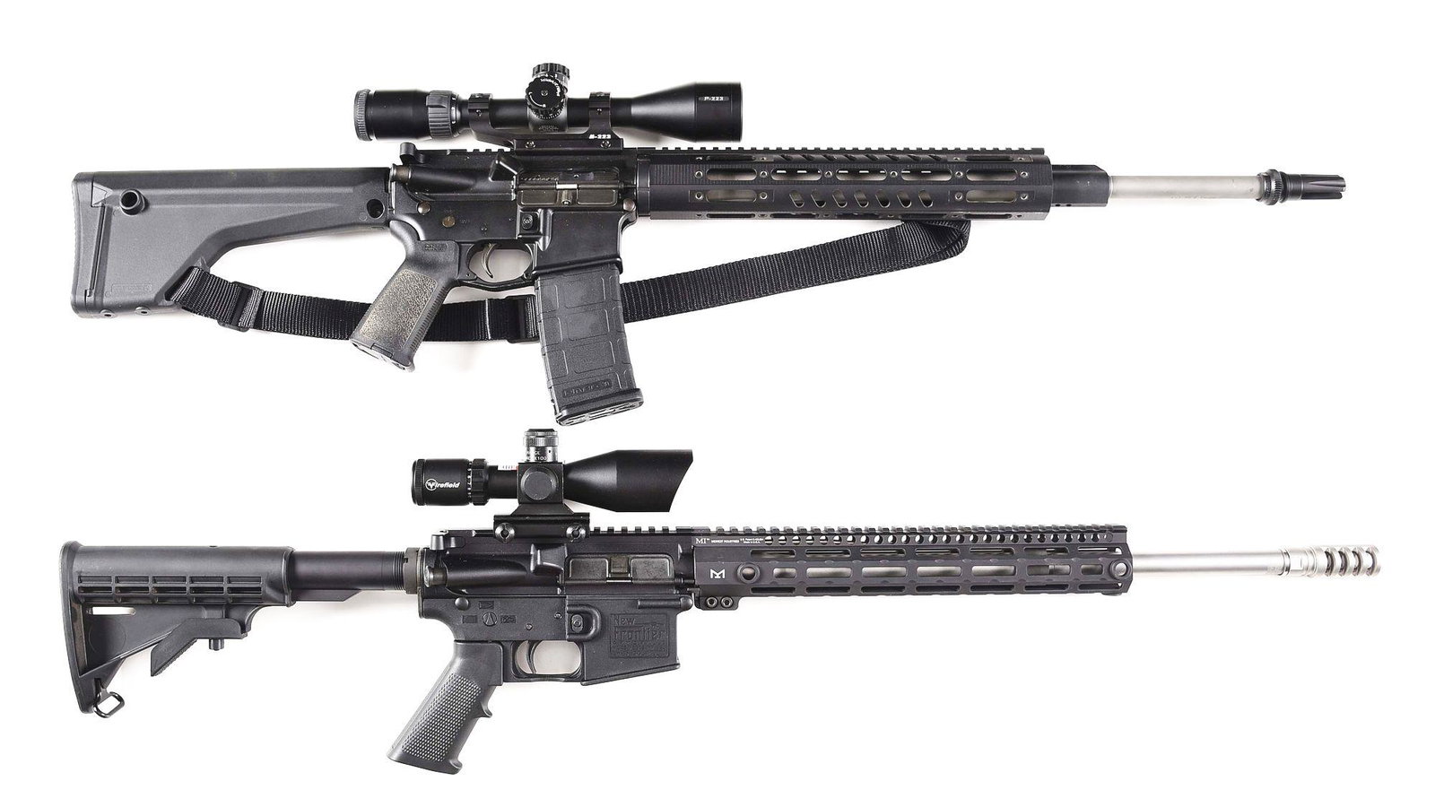 (M) LOT OF 2: DPMS A-15 AND NEW FRONTIER ARMORY LW-15: Lot consist of: (A) DPMS Model A-15 semi automatic rifle with scope. St. Cloud Minnesota made gun. "DPMS" marked heavy, round, stainless steel barrel with a "1-9" twist rate. Threaded muzzle with thre