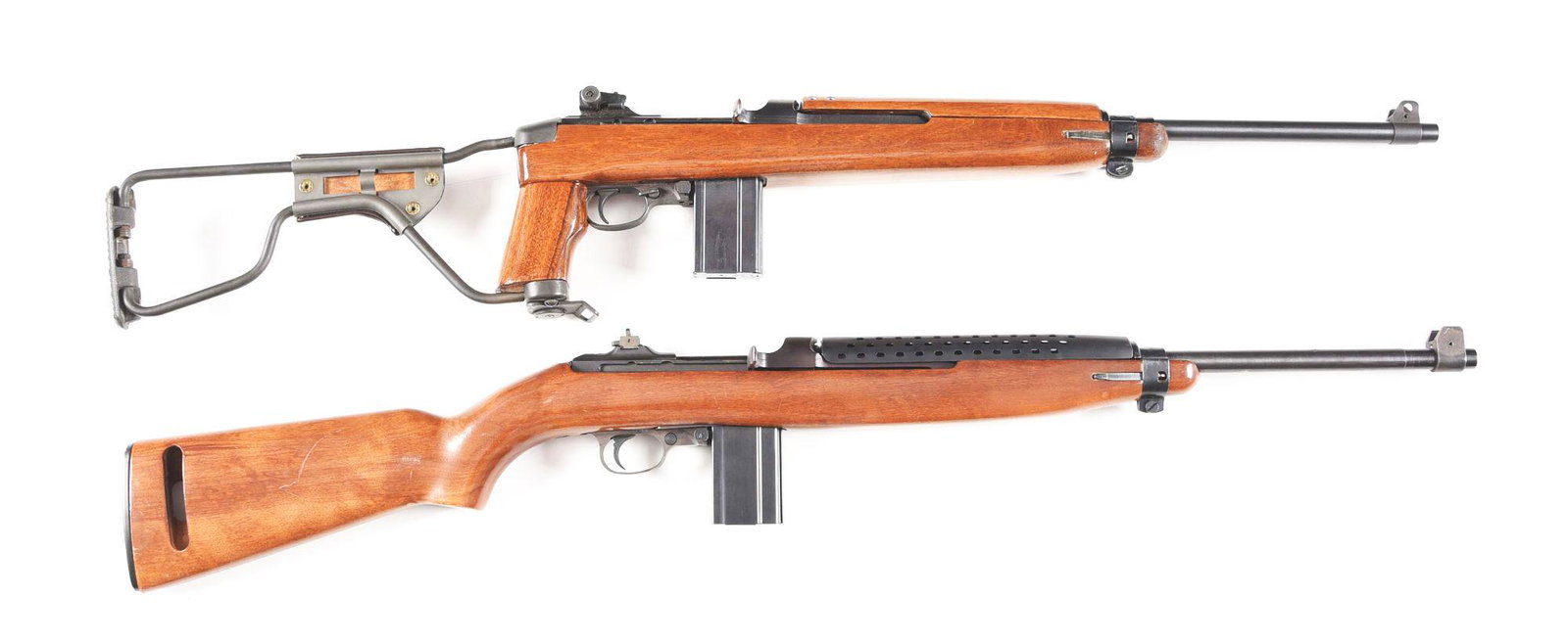(M) LOT OF 2: IVER JOHNSON AND NATIONAL ORDNANCE M1: Lot consists of (A) M-1 Carbine "Paratrooper" carbine built by Iver Johnson. Blued military style barrel with protected front blade sight and rear adjustable sight. Blued military finished action with
