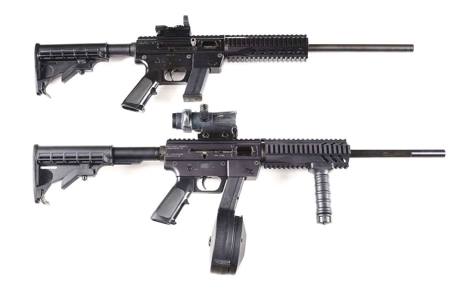 (M) LOT OF 2: JUST RIGHT 9MM AND .45 ACP SEMI AUTOMATIC: Lot consists of (A) Just Right Carbines Model JR semi automatic carbine with holographic sight. Takes standard Glock .45 caliber magazines. Round blued steel barrel with no muzzle device/threads. Flat